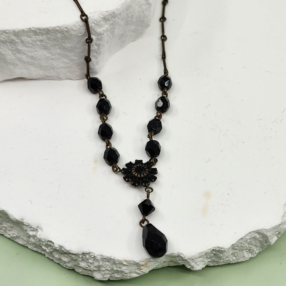 Vintage Black Rhinestone Y Necklace Antique Brass Tone Gothic Teardrop Pendant